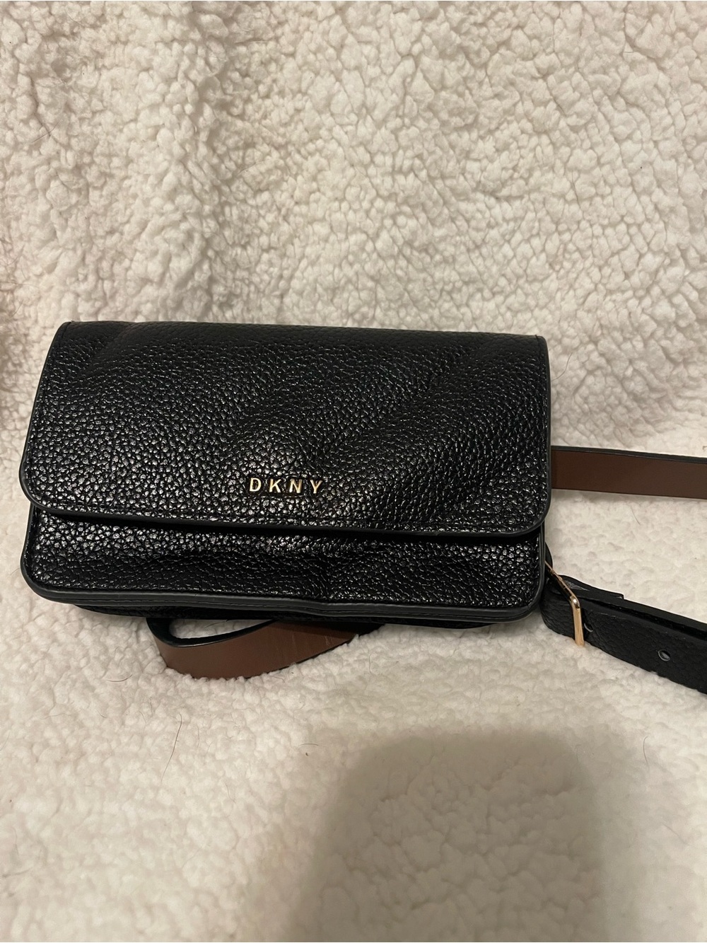 DKNY Black Pebbled Leather Crossbody with Brown Strap